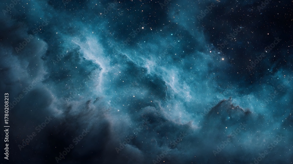 Fototapeta premium Vast cosmic nebula with swirling gas and dust clouds illuminated by countless stars in deep space