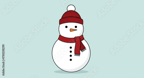 Cheerful snowman with red hat and scarf standing against a light blue background