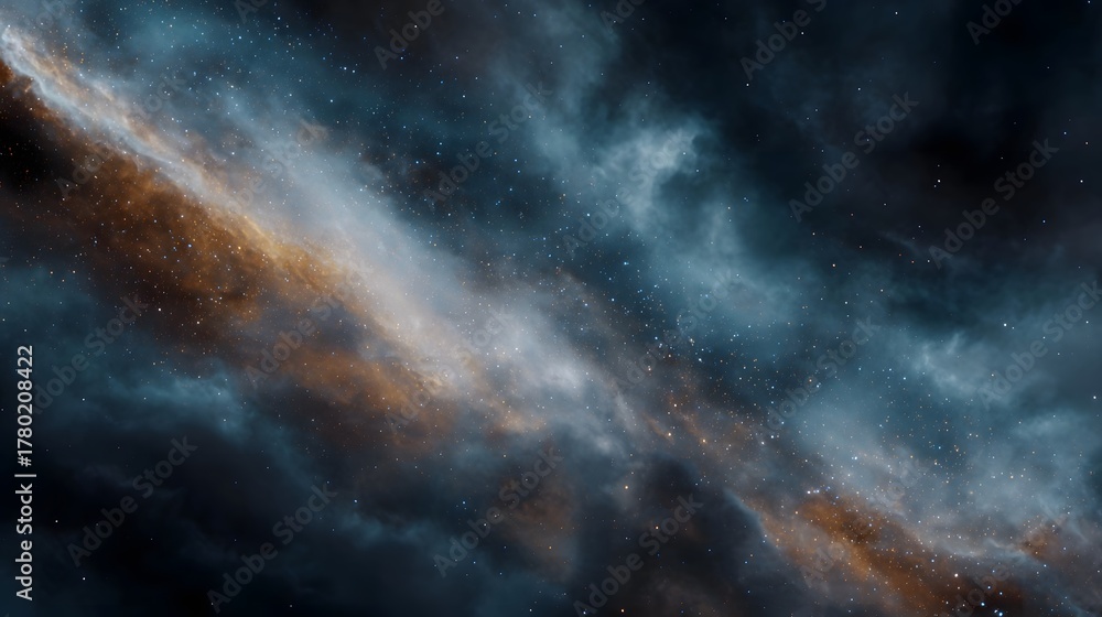 Fototapeta premium A cosmic nebula with swirling clouds of gas and dust illuminated by countless distant stars in deep space