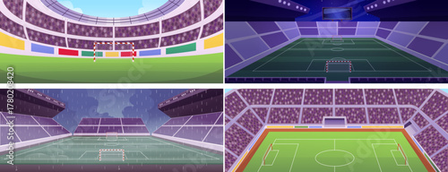 Football soccer stadium vector flat set, sports game championship area football goal, tribune, sliding roof, huge screen