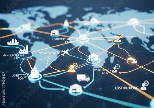 Dynamic global supply chain network visualization connecting manufacturing hubs, logistics centers, and distribution points across a digital world map interface for modern business operations