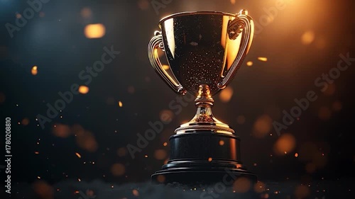 Golden Trophy Illuminated by Bright Light with Bokeh Effect.