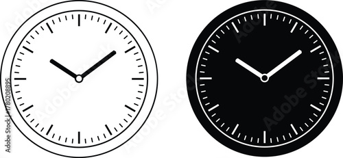 Analog clock vector, black and white design, time illustration, 10:10 hour, modern watch face, minimal style, graphic icon