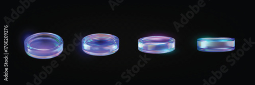 3D holographic iridescent glass circle coin purple effect, game token, casino chip, realistic crystal medal vector set