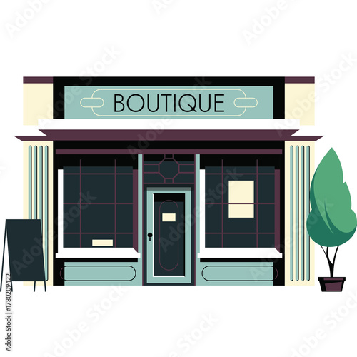 Charming Boutique Storefront with Elegant Signage and Decorative Tree on Transparent Background