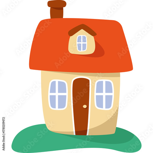 Charming Cartoon House Illustration With Red Roof and Green Grass Base On Transparent Background