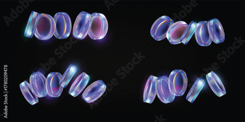 3D holographic glass circle coins heaps float, iridescent crystals purple effect, game token, casino chip vector set