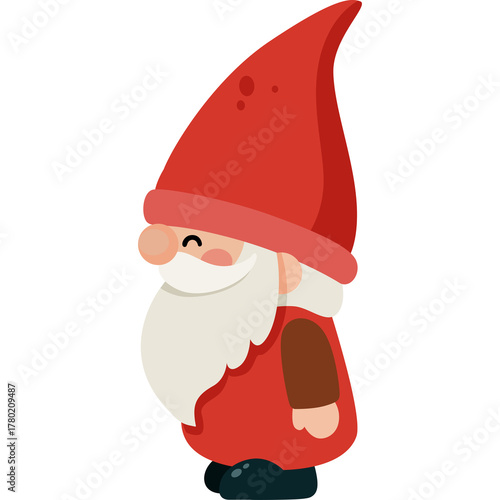 Charming Cartoon Gnome Character Wearing a Red Hat and Beard With Rosy Cheeks and Dark Blue Shoes Standing on a White Background