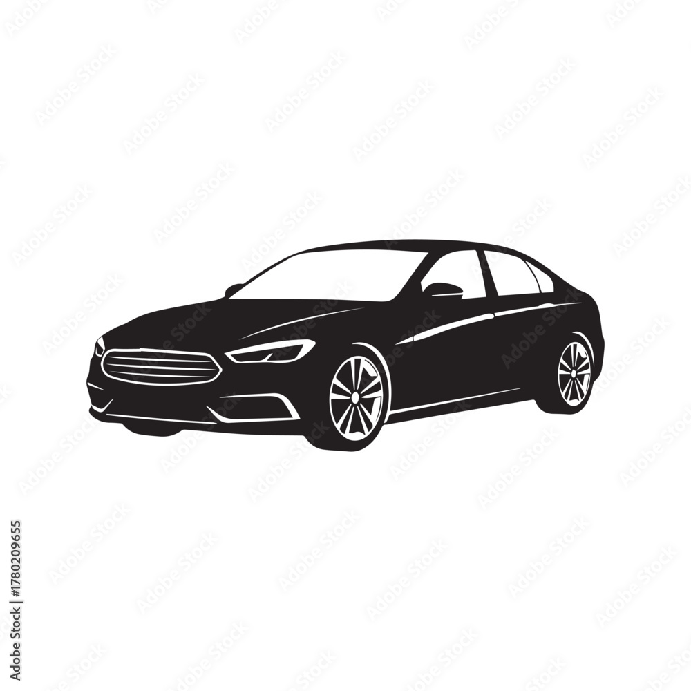 Obraz premium Luxury sedan car vector graphic. Modern automobile silhouette illustration. Black and white automotive vehicle icon for logo or decal, isolated on white background. 