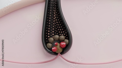 DHT hormone attacking hair root causing follicle miniaturization leading to hair loss and thinning 3D animation