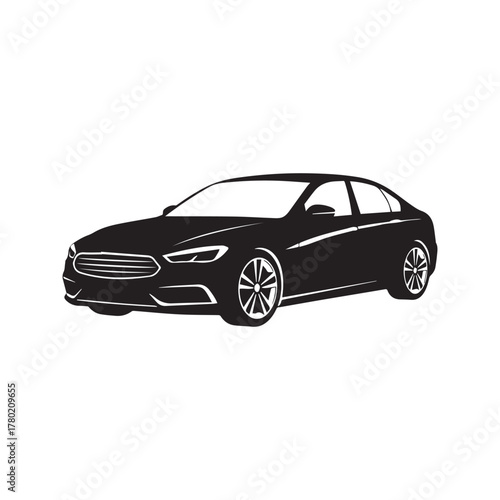Luxury sedan car vector graphic. Modern automobile silhouette illustration. Black and white automotive vehicle icon for logo or decal, isolated on white background.
