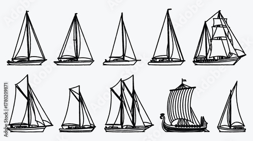 Simple line drawing of sailboats and a Viking longship fleet