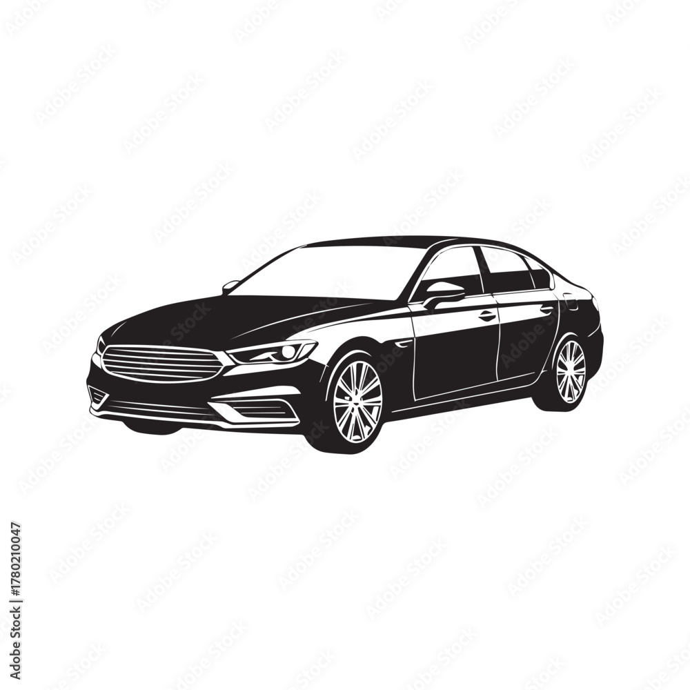 Obraz premium Luxury sedan car vector graphic. Modern automobile silhouette illustration. Black and white automotive vehicle icon for logo or decal, isolated on white background. 