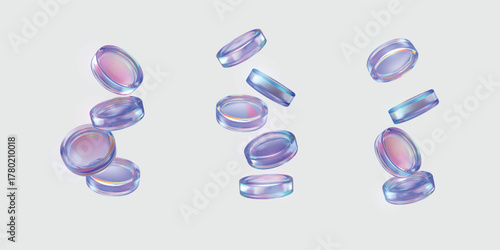 3D holographic glass coins heaps falling, realistic iridescent crystals purple effect, game token casino chip vector set