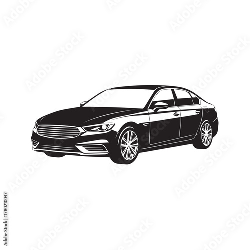Luxury sedan car vector graphic. Modern automobile silhouette illustration. Black and white automotive vehicle icon for logo or decal, isolated on white background.
