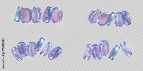 Realistic 3D holographic glass circle coins heaps floating, iridescent purple crystal game token, casino chip vector set