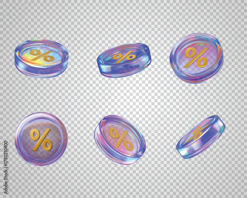 Realistic 3D holographic purple iridescent glass coin with percentage sign, discount and special offer coupon vector set