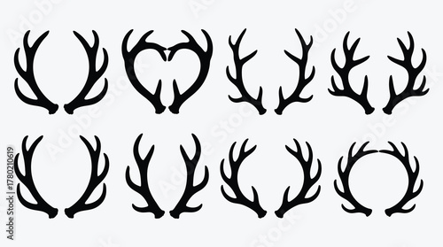 Variety of deer antlers silhouette shapes in black and white artwork