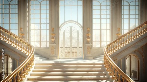 Grand Staircase in a Luxurious Palace with Arched Windows and Golden Railings.