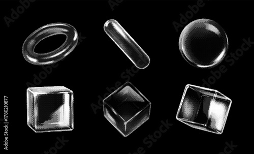 Transparent glossy crystal shapes pixel art vector icons set, retro 8 bit 3D monochrome glass cube, sphere, tube torus