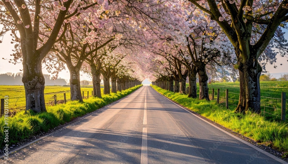 Naklejka premium A Straight Asphalt Road Lined With Blooming Cherry Blossom Trees During Golden Hour Creating A Tunnel Effect With Green Grass And Fallen Petals On The Ground
