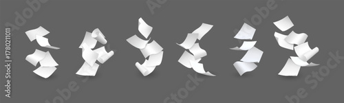 White papers flying in air, realistic throw paper sheets pile group, curled page letter note documents flight vector set