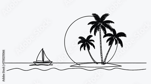 Tropical island paradise with palm trees and sailboat black and white
