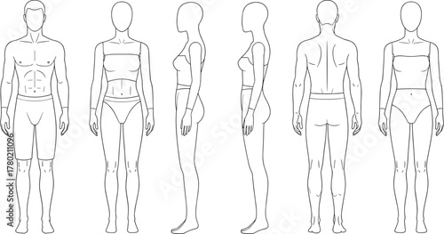 Male and female body template front back side view fashion figure outline sketch for clothing design illustration and anatomy reference.