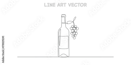 Wine bottle with bunch of grapes continuous one line drawing