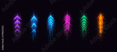 Speed rush arrows colorful neon glowing vector set, light trails on dark with sparkles, energy flow acceleration effect
