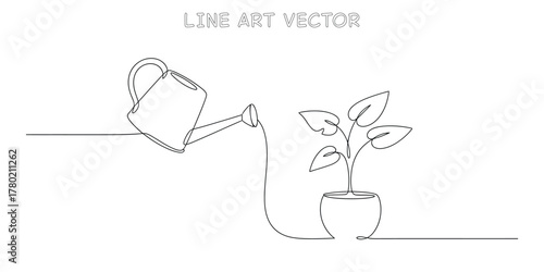 Watering can pouring water on a plant continuous line art