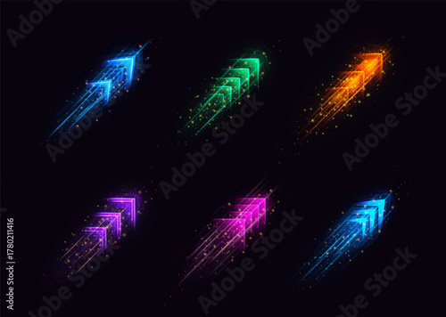 Speed rush arrows colorful neon glowing, light speed dynamic trails on dark background, energy flow acceleration effect