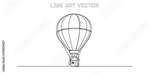 Hot air balloon with a small house continuous line art
