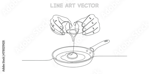 Hands cracking an egg into frying pan continuous line drawing