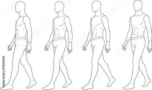 Male body walking pose outline illustration, side view anatomical reference, movement study drawing for anatomy, fashion, design, and figure sketching.