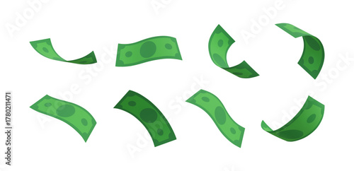 Set of flying paper dollar bills, with different curved shapes.