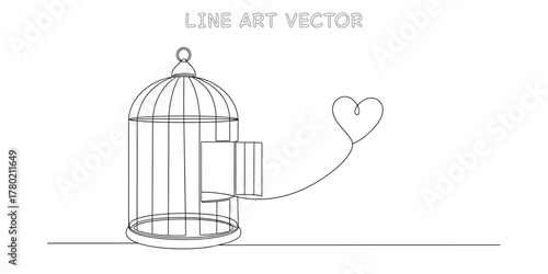 Empty birdcage with a heart balloon continuous line art drawing