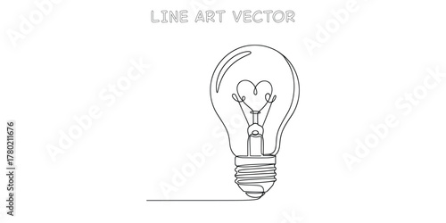 Continuous one line drawing of lightbulb with a heart filament