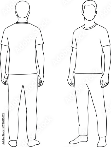 Front and back male figure outline in casual clothes, t-shirt and pants, fashion template, apparel design, body reference illustration.