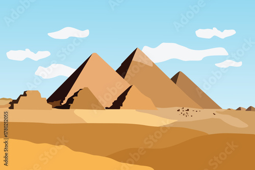 Ancient Egyptian Pyramids of Giza in Desert Landscape Vector Illustration