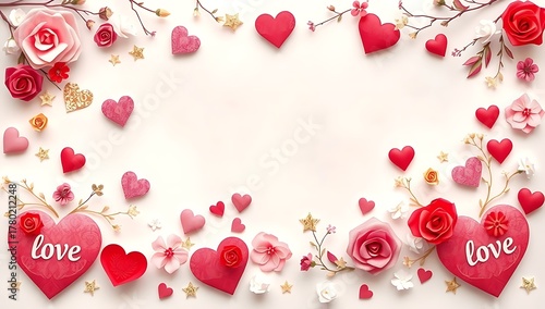 A beautiful Valentine's Day themed background with various red and pink hearts and roses.