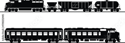 Diesel locomotive with freight and passenger train silhouette vector illustration, railway transportation design showing cargo wagons, tank cars, and passenger coaches isolated on white background