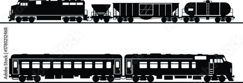 Diesel freight and passenger train silhouette vector illustration, black railway transportation design with tank car, cargo wagon, and coaches isolated on white background
