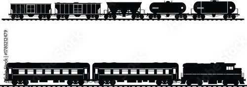 Electric locomotive with passenger and freight train silhouette vector illustration, railway transport design with tank wagons, cargo hoppers, and coaches isolated on white background