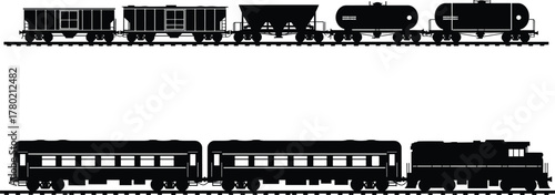 Freight and passenger train silhouette vector illustration, black locomotive with tank cars, cargo wagons, and coaches isolated on white background for transport design