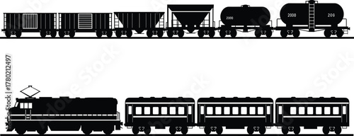 Electric freight and passenger train silhouette vector illustration, black railway transportation design with tank cars, cargo wagons, and passenger coaches isolated on white background
