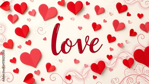 A beautiful background with many red and pink paper hearts scattered around the word 'love' in a script font.