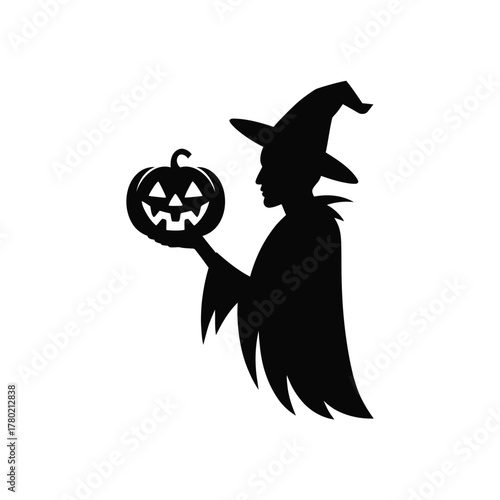 Silhouette of a witch holding a carved pumpkin on a white background