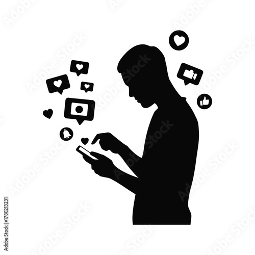 Silhouette of a person using a smartphone surrounded by social media icons