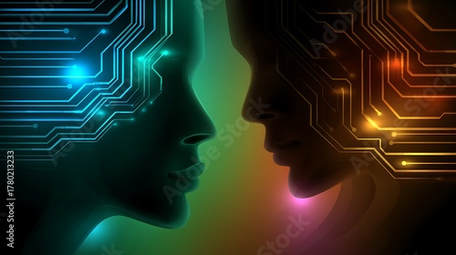 Two Human Silhouettes Merging with Abstract Circuit Patterns and Glowing Lights